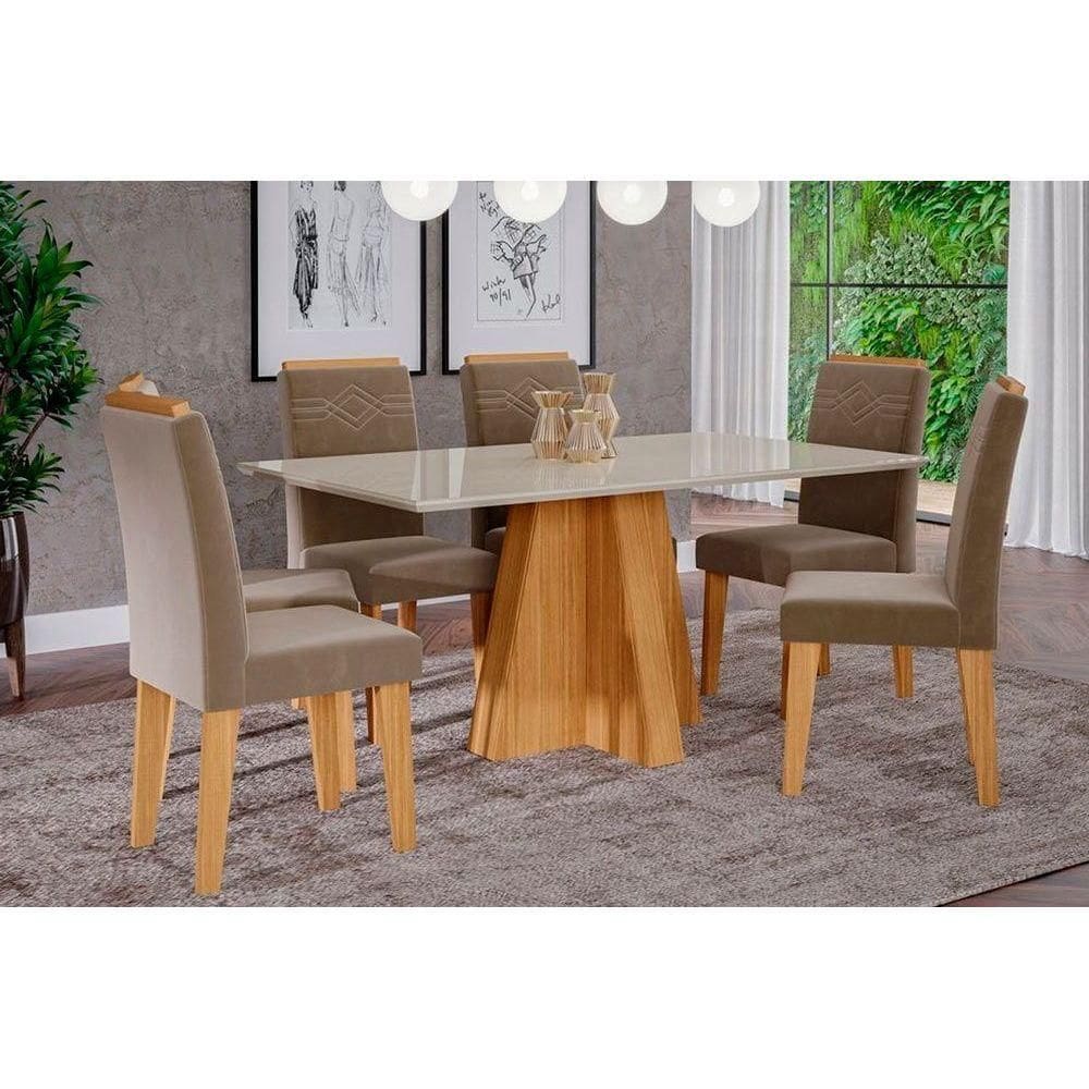 Conjunto: Mesa Sala Jantar Patricia c/ Tampo Madeirado 160cm + 6 Cadeiras Taís c/ Moldura Nature/OW/Joli - Cimol