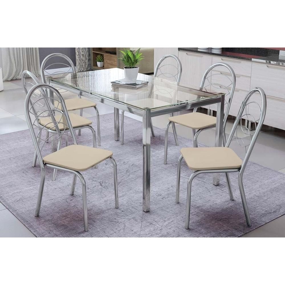 Conjunto: Mesa de Cozinha Reno c/ Tampo Vidro 150cm + 6 Cadeiras Holanda Cromado/Courano Nude - Kappesberg