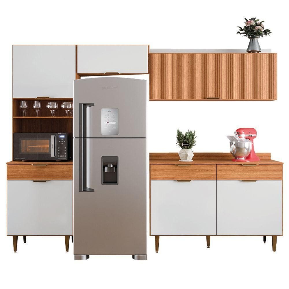 Armário De Cozinha Completa Com Balcão 6 Portas Ripado 3d 3 Gavetas Madeirado off Freijo O.w