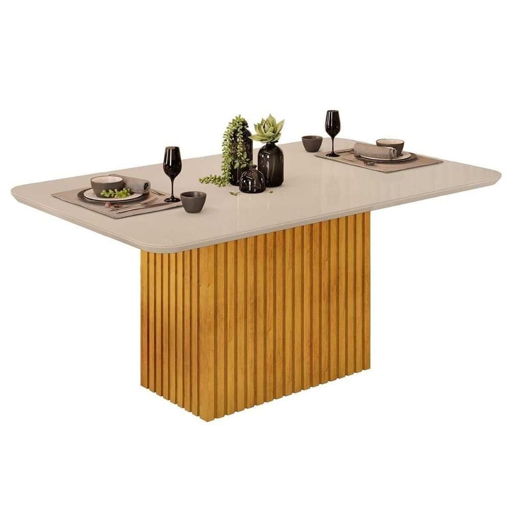 Mesa De Sala Jantar Canes Com tampo Vidro Curvo 170x90cm Cedro off White Dj Móveis