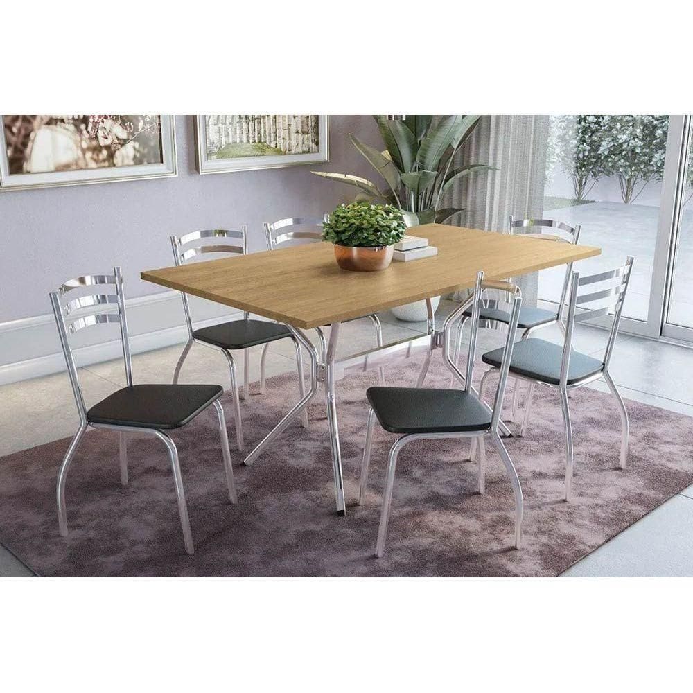 Sala De Jantar Loire com Tampo De Madeira 1.36cm + 6 Cadeiras Cromada Preto