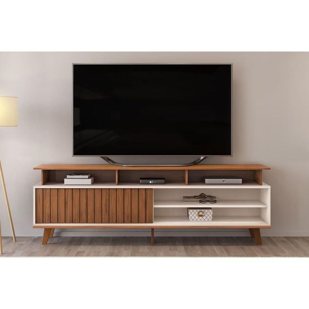 Rack Bancada P/tv Até 70 Polegadas Flow Ripado C/ Nichos E Pés 180x60cm Freijó/off White - Dj Móveis