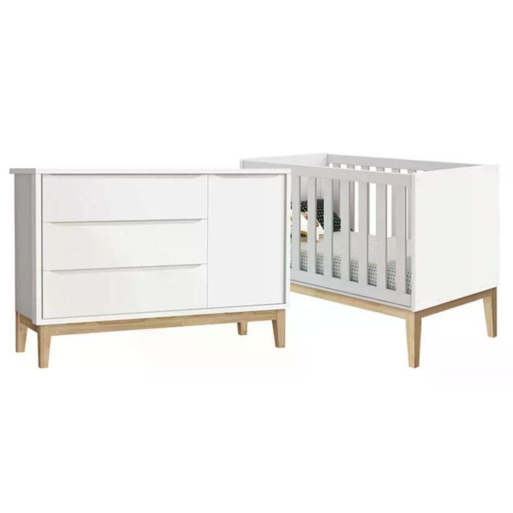 Jogo De Quarto Classic Berço Branco Fosco Com Pés Madeira Natural - Reller Móveis Branco Fosco