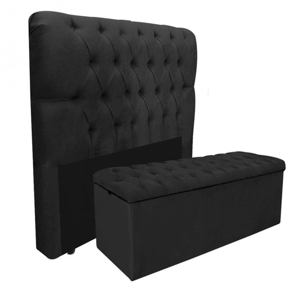 Kit Baú Recamier Mais Cabeceira Madrid King Size Suede Preto