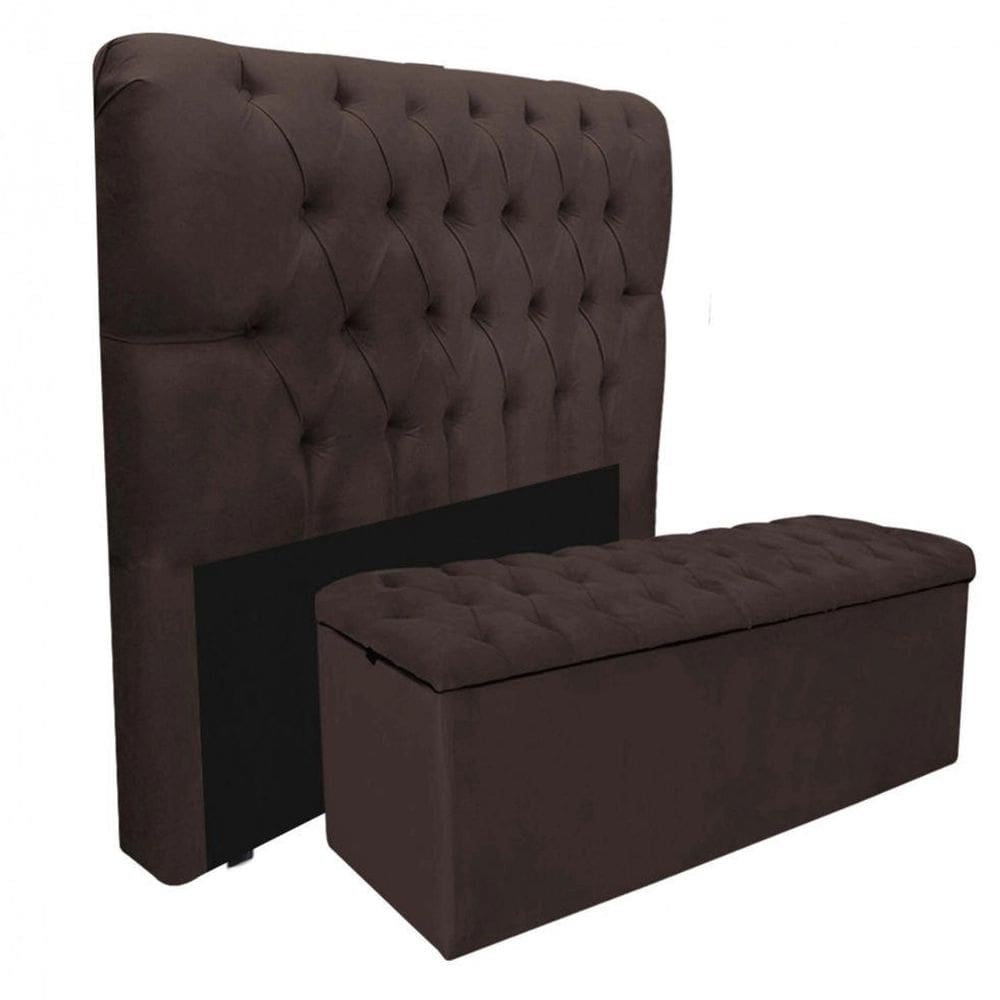 Kit Baú Recamier Mais Cabeceira Madrid Queen Size Marrom