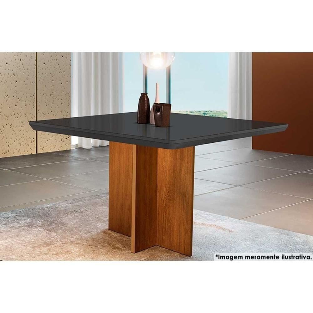 Mesa De Sala Jantar Berlim Com tampo Vidro Canto Curvo 90x90cm Imbuia grafite Rufato