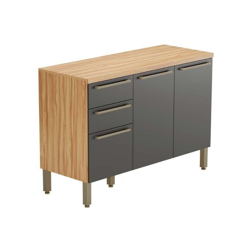 Balcão De Cozinha Modulado Nápoli  3 Portas E 2 Gavetas C/ Tampo 120cm Amendoa/chumbo - Ronipa