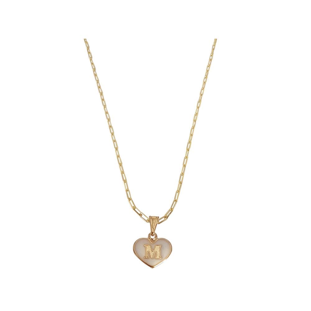 Colar Cartier 50Cm Coração Branco Letra M Banhado Ouro 18K