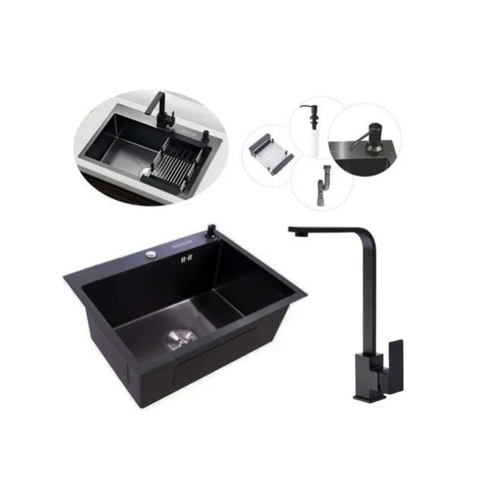 Kit Cuba Pia Aço Inox Preta Quadrada Cozinha Torneira Slim