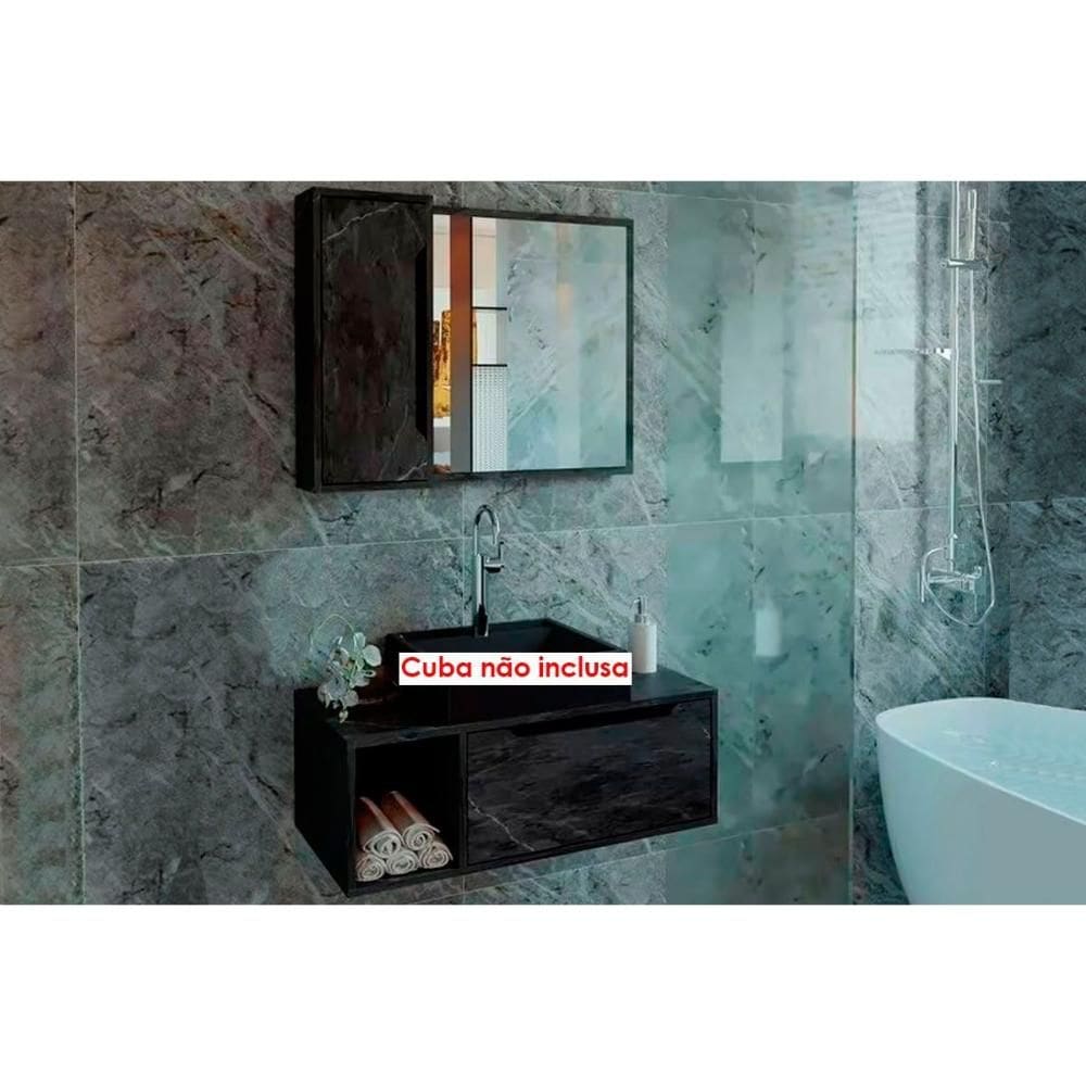 Conjunto de Banheiro Balcão Suspenso BN3644 e Balcão c/ Rodízios BN3643 80cm e Armário c/ Espelho BN3645 80cm Mármore Lunar - Tecno Mobili