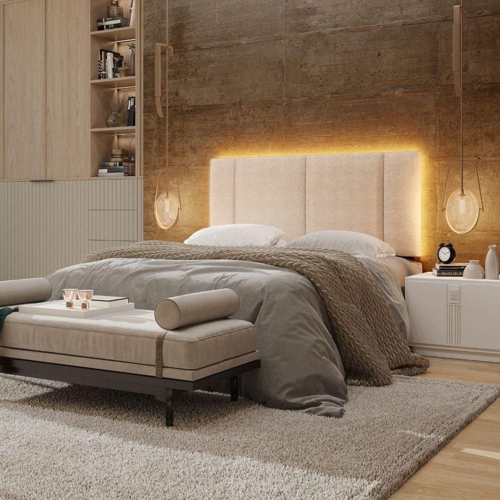 Cabeceira Estofada Iluminação Led Stella Cama Box Casal 140 Cm Buclé Bege