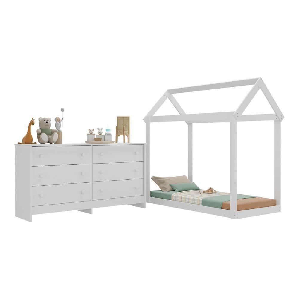 Cama Infantil Montessoriana Com Colchão Incluso E Cômoda Bambolê Multimóveis Mx4288 Branco Branco