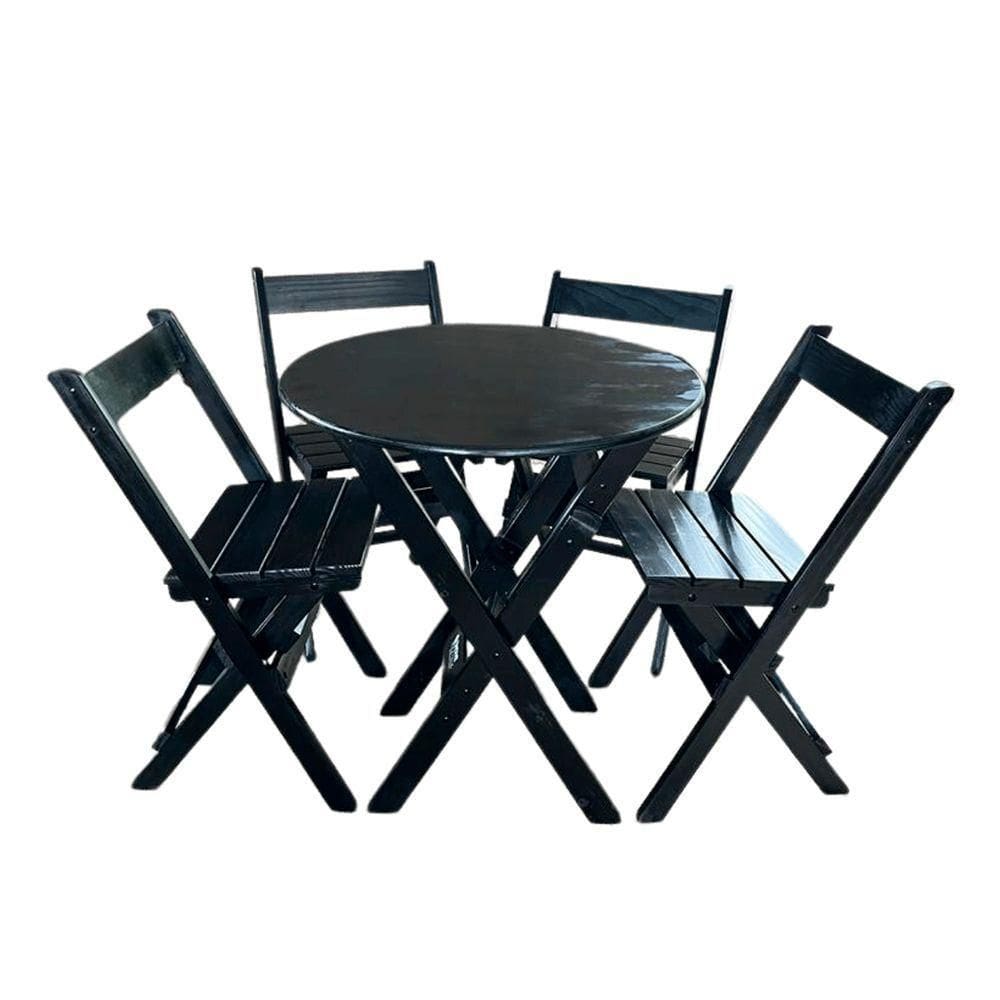 Conjunto Mesa Redondo 70cm Dobrável Com 4 Cadeiras Em Madeira Maciça - Preto - Preto