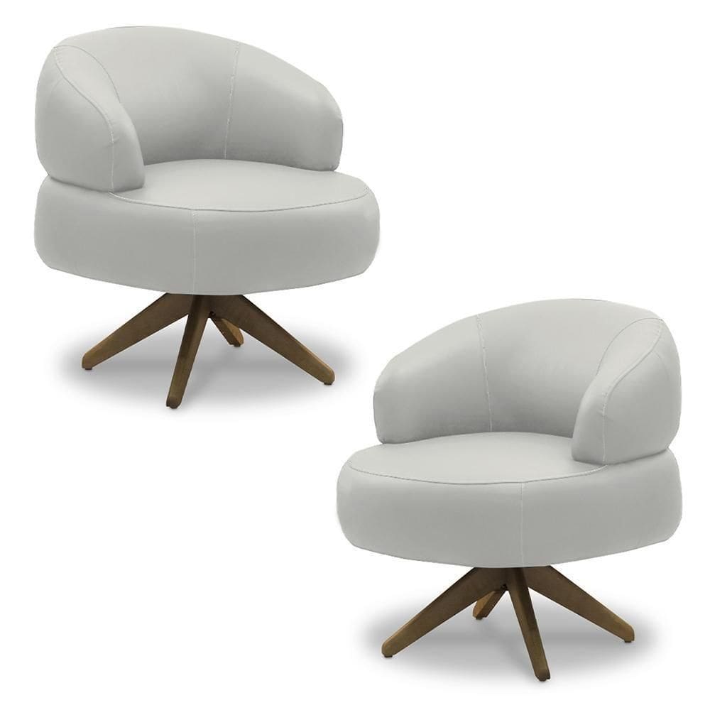 Kit 2 Poltronas Decorativas Katy Sala De Estar Base Giratória Madeira Couro Off White