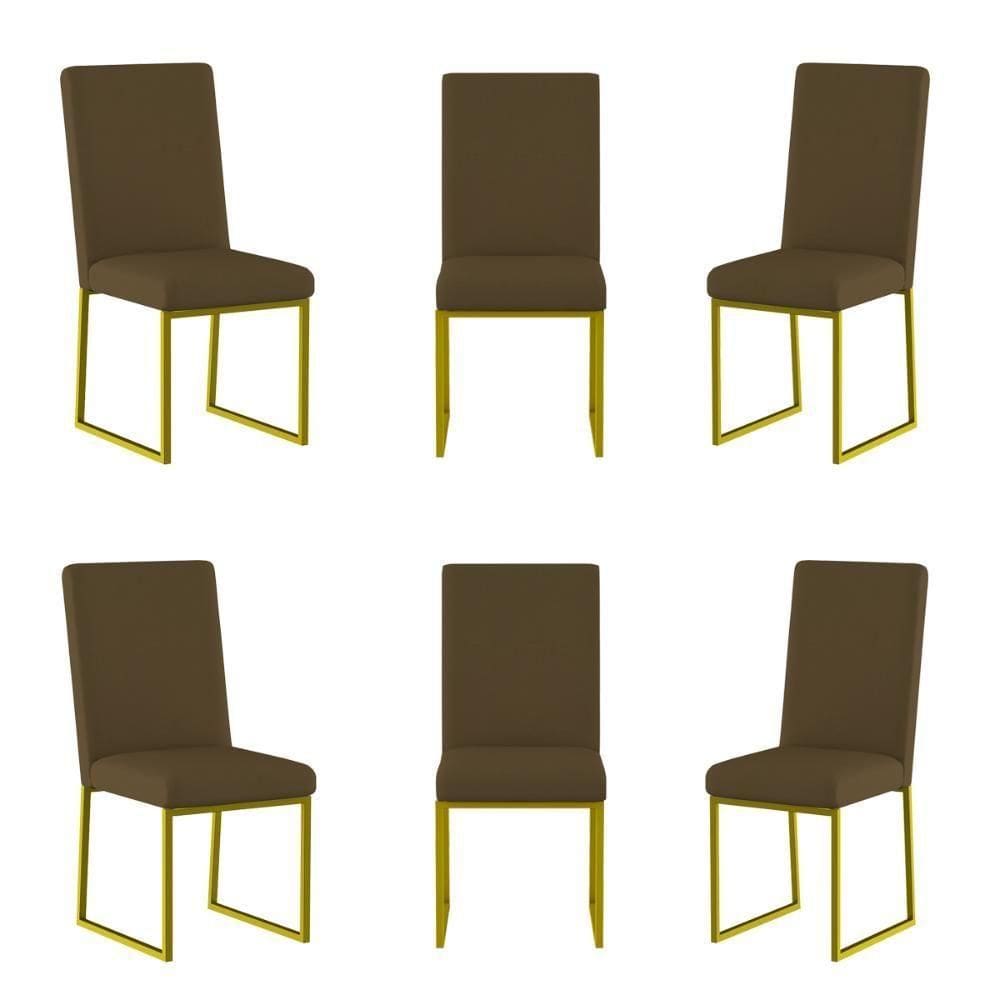 Kit 6 Cadeiras De Jantar Com Base De Ferro Dourado Balaqui Marrom