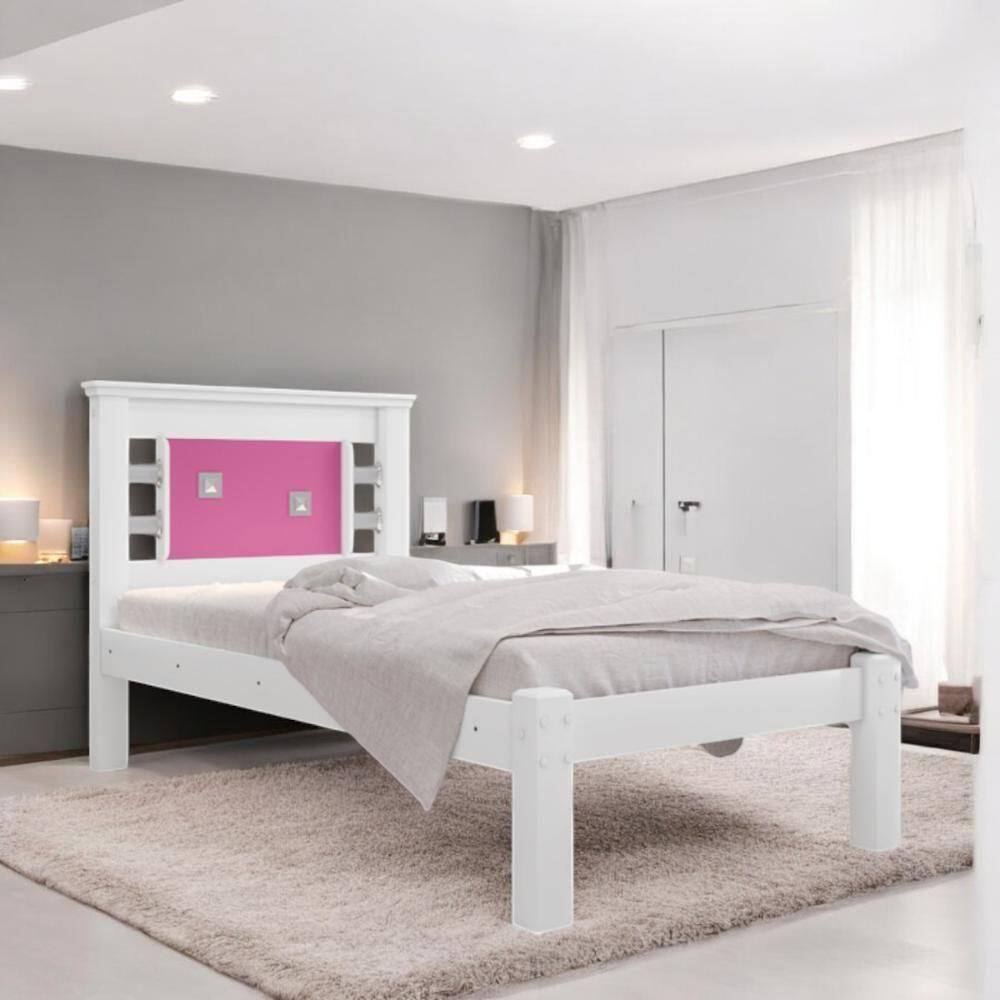 Cama Solteiro Lavínia Branca E Rosa Com Colchão