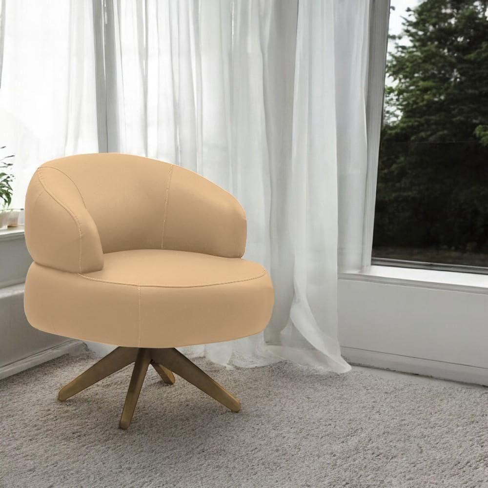 Poltrona Decorativa Katy Sala De Estar Base Giratória Em Madeira Couro Nude G88 - Gran Belo