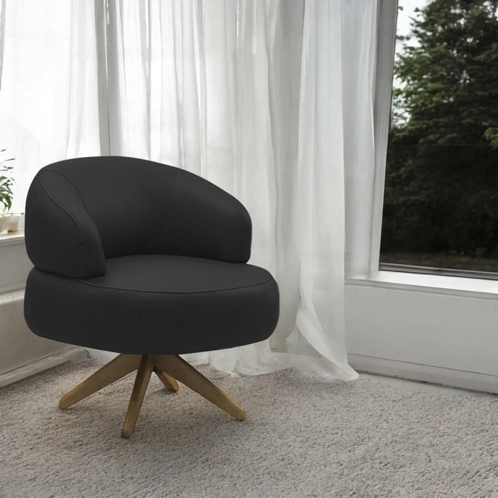 Poltrona Decorativa Katy Sala De Estar Base Giratória Em Madeira Couro Preto G88 - Gran Belo