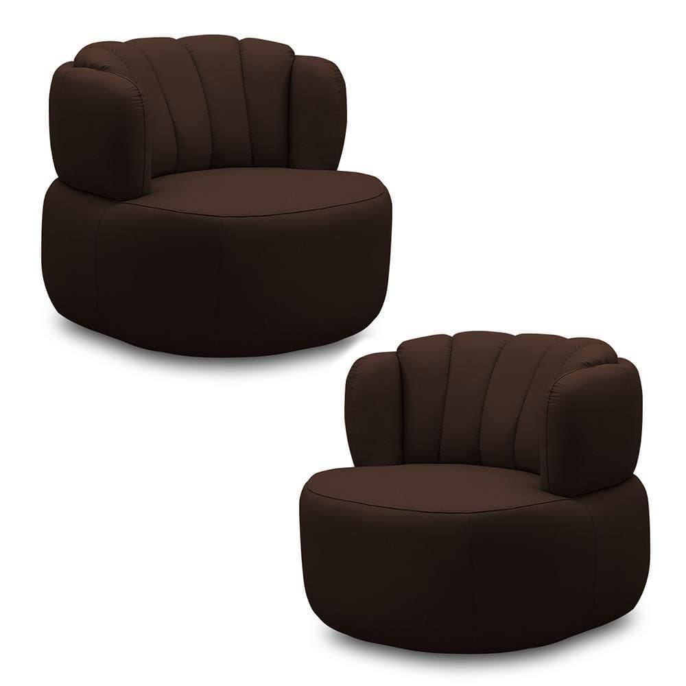 Kit 2 Poltronas Decorativas Mariele Sala De Estar Base Giratória Aço Couro Marrom Chocolate