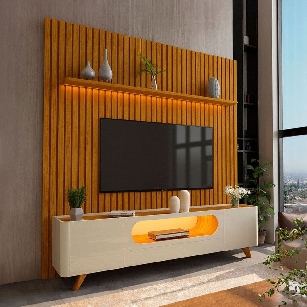 Rack com Painel para TV Até 85 Polegadas Nobre 2 Portas Ripado 100% Mdf com Led Naturalle/Off White - Gelius
