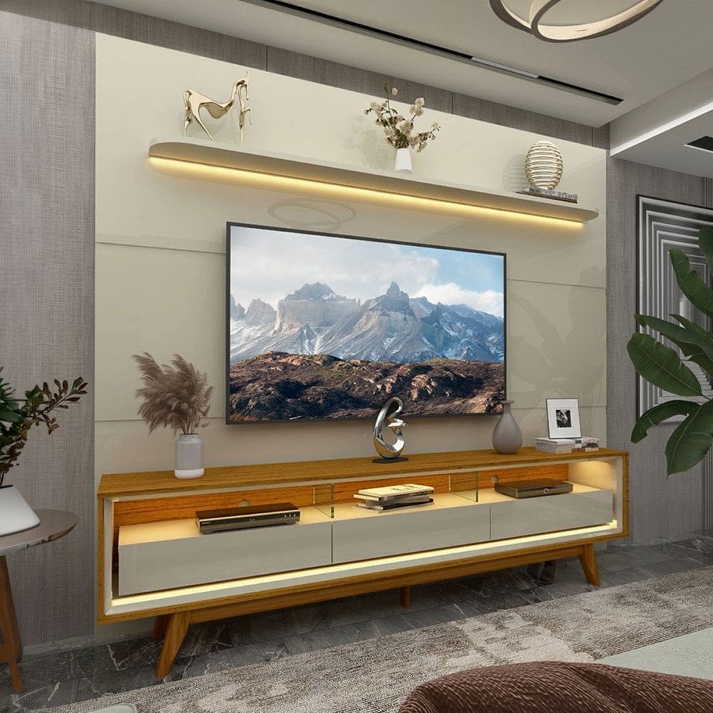 Rack com Painel para TV Até 85 Polegadas Royal Requinte 100% Mdf com Led Off White/Naturalle - Gelius