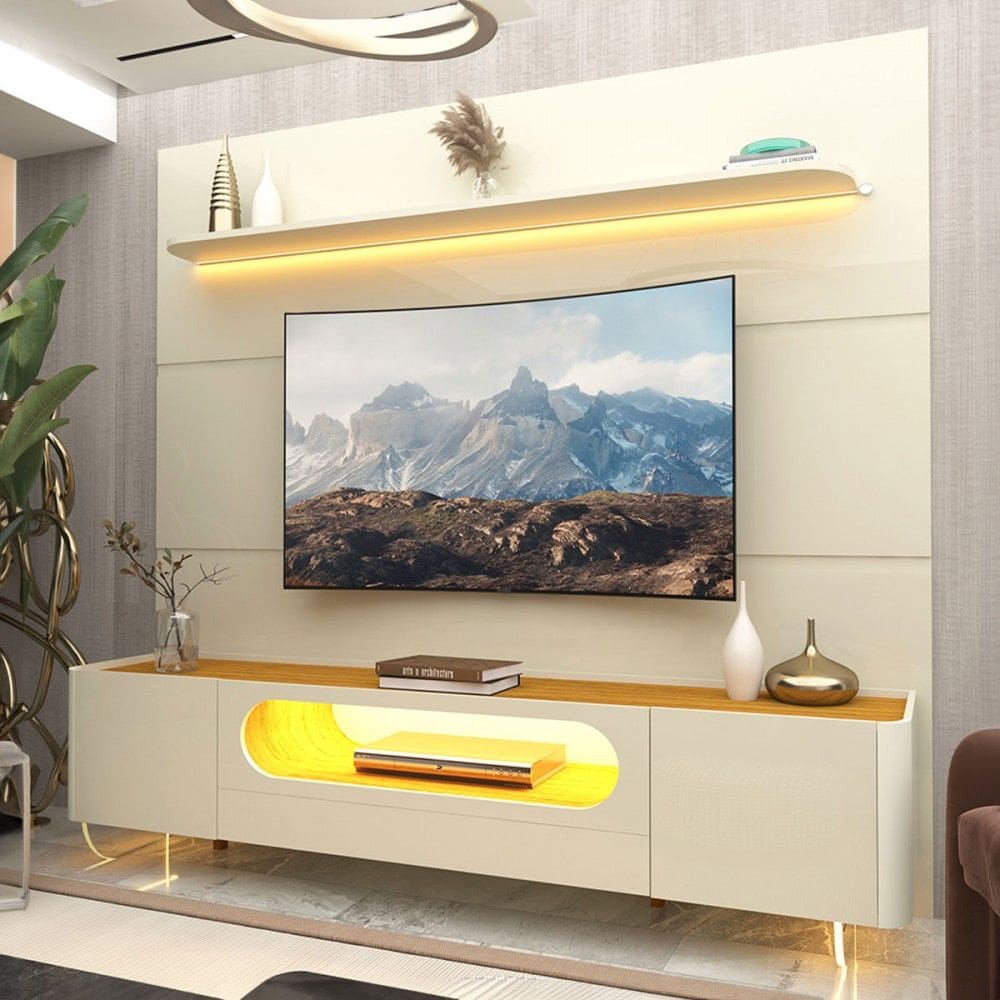Rack com Painel para TV Até 85 Polegadas Royal Nobre 2 Portas com Vidro 100% Mdf Off White/Naturalle - Gelius