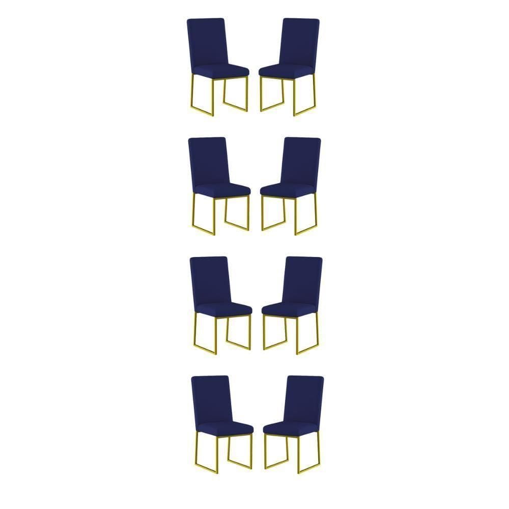 Kit 8 Cadeiras De Jantar Com Base De Ferro Dourado Balaqui Azul Marinho