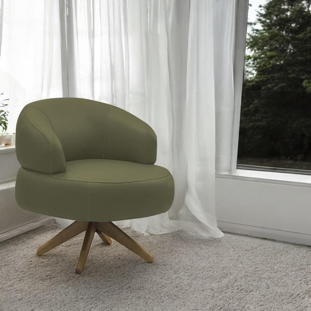 Poltrona Decorativa Katy Sala De Estar Base Giratória Em Madeira Couro Fendi G88 - Gran Belo