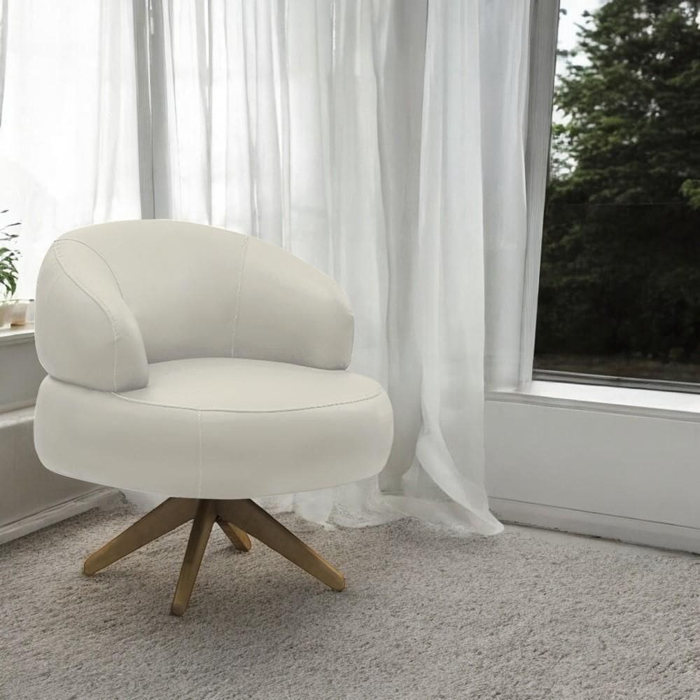 Poltrona Decorativa Katy Sala De Estar Base Giratória Em Madeira Couro Bege G88 - Gran Belo
