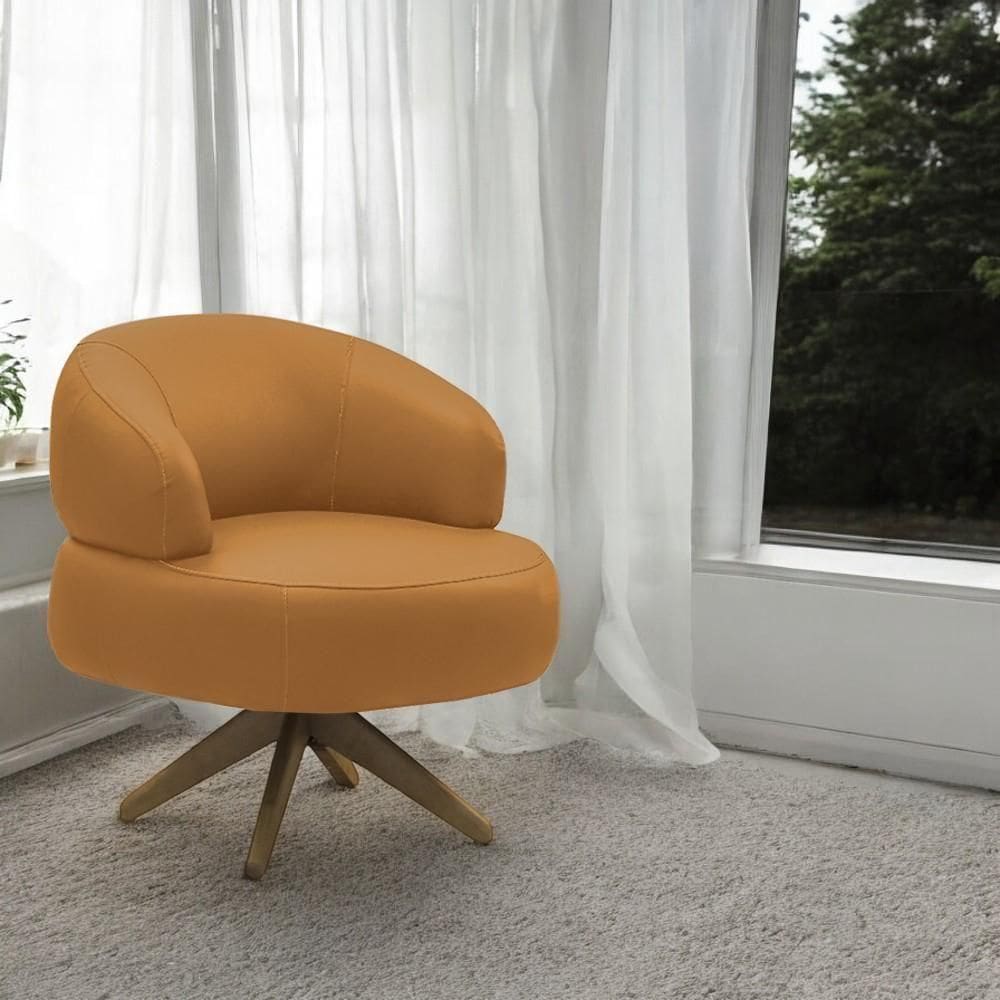 Poltrona Decorativa Katy Sala De Estar Base Giratória Em Madeira Couro Caramelo G88 - Gran Belo