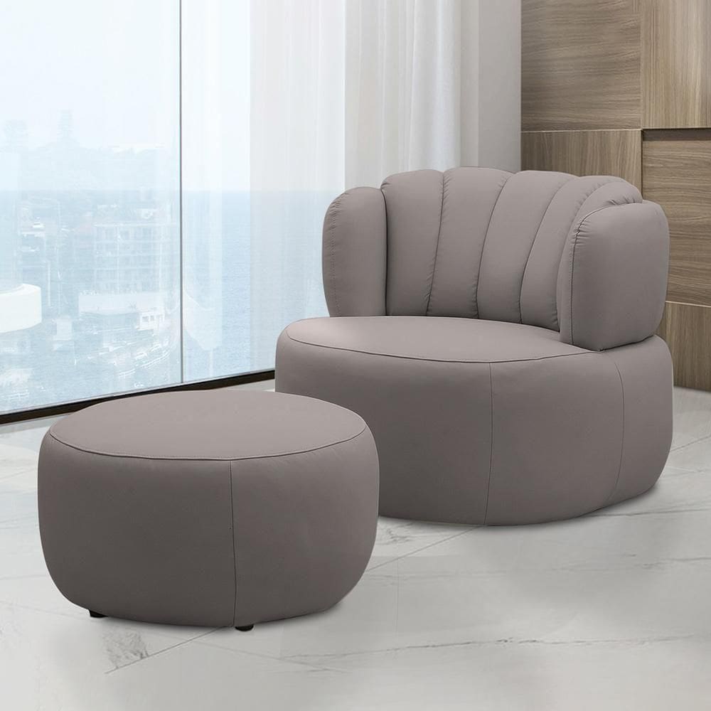 Conjunto Sala De Estar Mariele Poltrona Base Giratória Aço Com Puff Couro Avelã