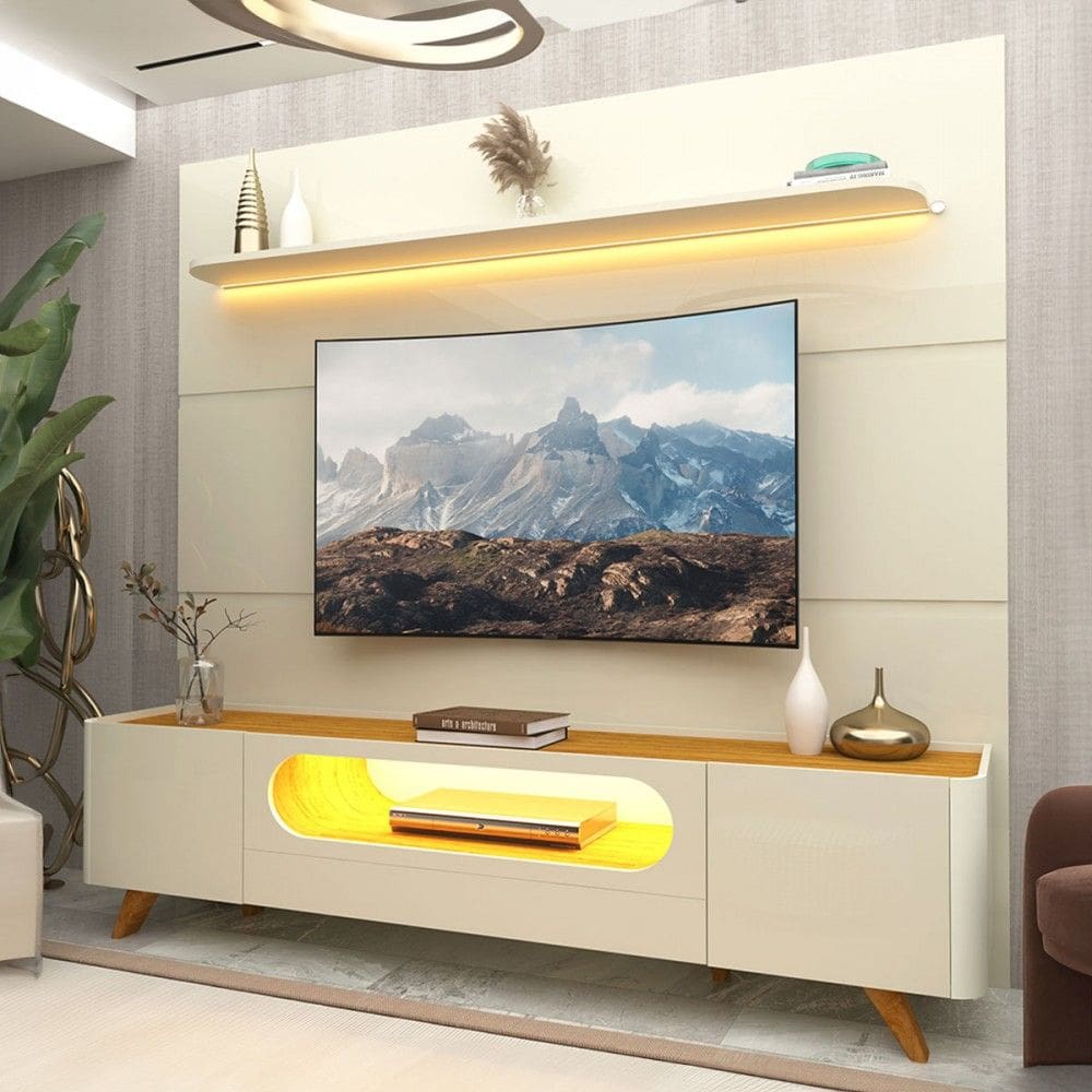 Rack com Painel para TV Até 85 Polegadas Royal Nobre 2 Portas com Led 100% Mdf Off White/Naturalle - Gelius