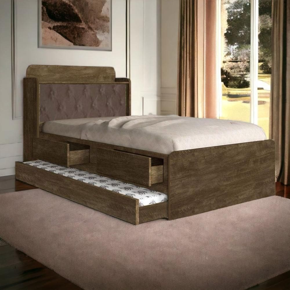 Cama Tamires Castanho Com Auxiliar Capitonê E 02 Colchões