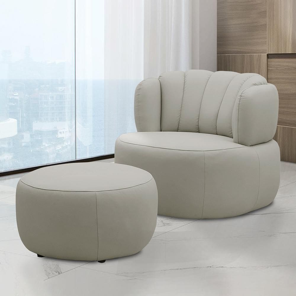 Conjunto Sala De Estar Mariele Poltrona Base Giratória Aço Com Puff Couro Bege