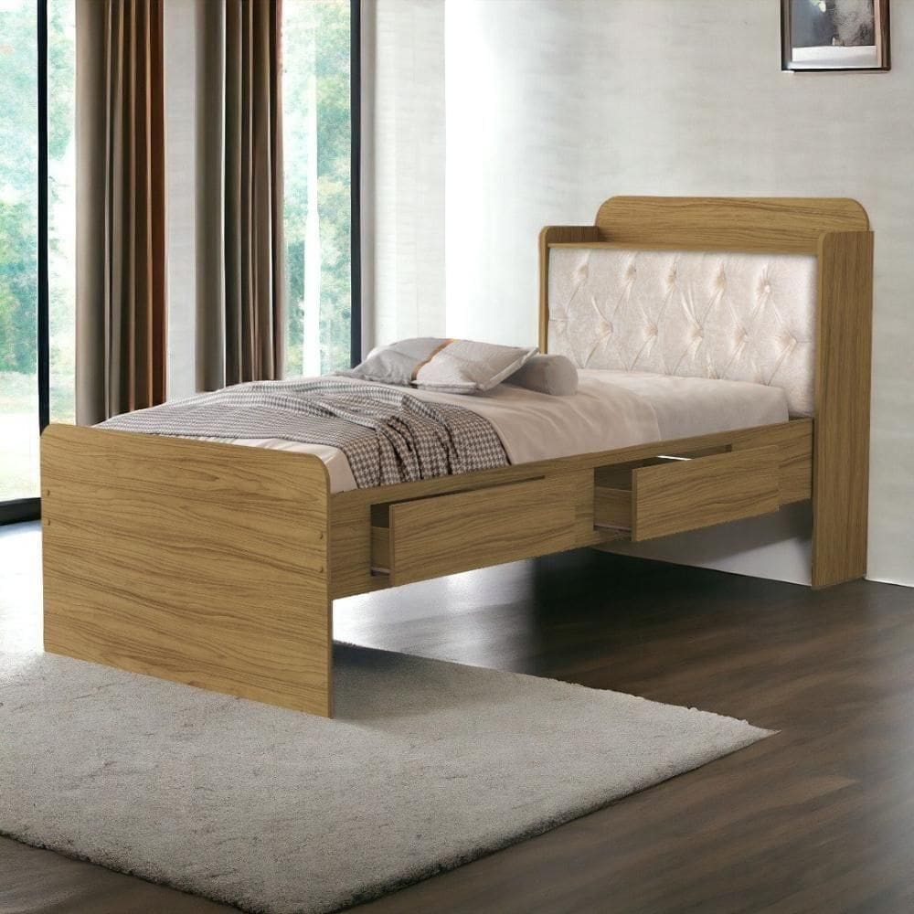 Cama Tamires Freijó Com Capitonê Bege E Colchão Cambel