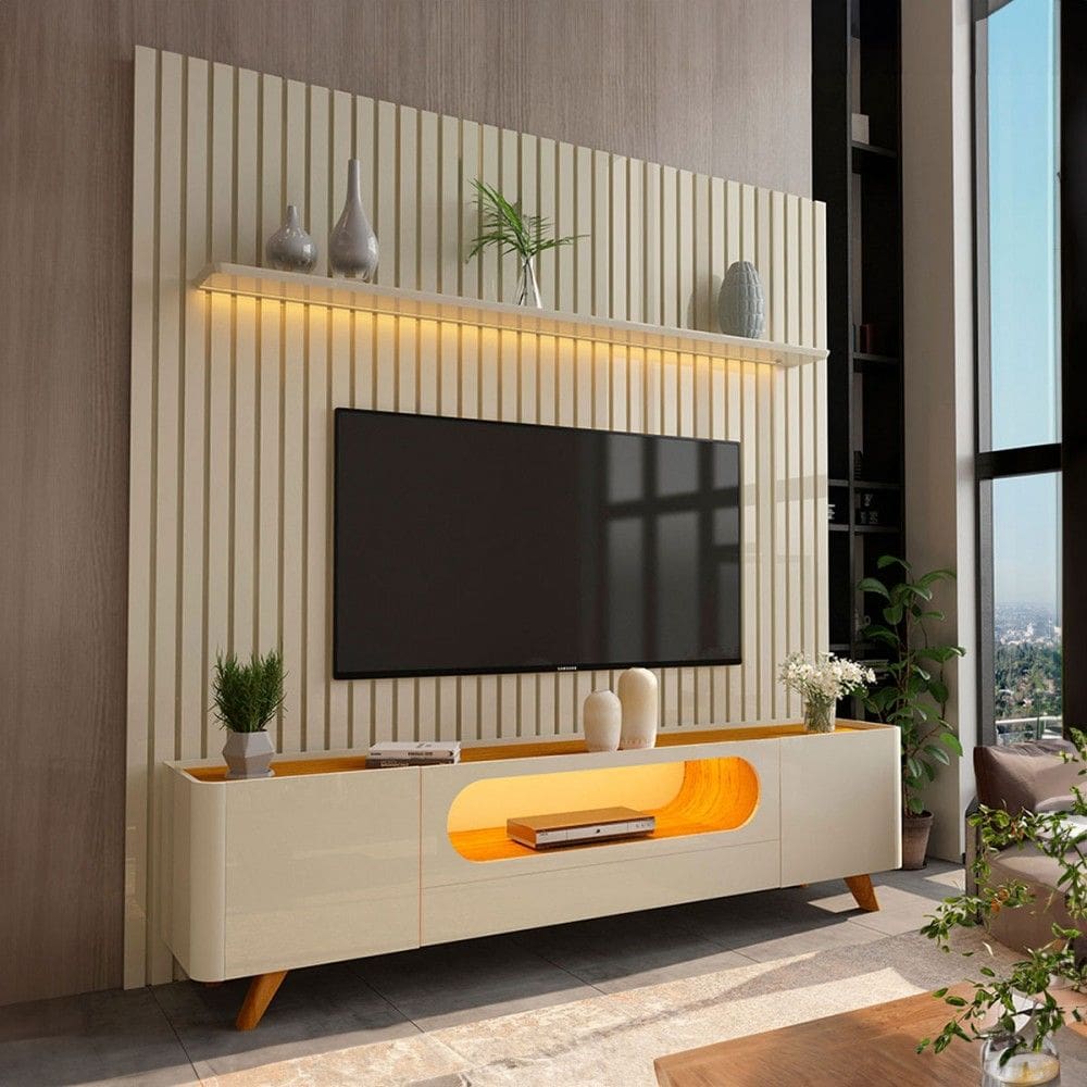 Rack com Painel para TV Até 85 Polegadas Nobre 2 Portas Ripado 100% Mdf com Led Off White/Naturalle - Gelius
