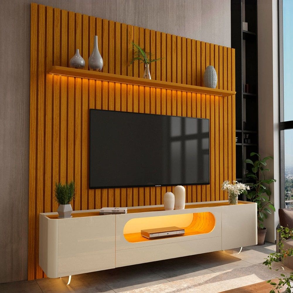 Rack com Painel para TV Até 85 Polegadas Nobre 2 Portas Ripado 100% Mdf com Vidro Naturalle/Off White - Gelius