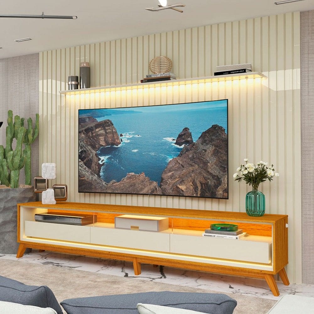 Rack com Painel para TV Até 85 Polegadas Nobre 3 Gavetas Ripado com Led 100% Mdf Off White - Gelius