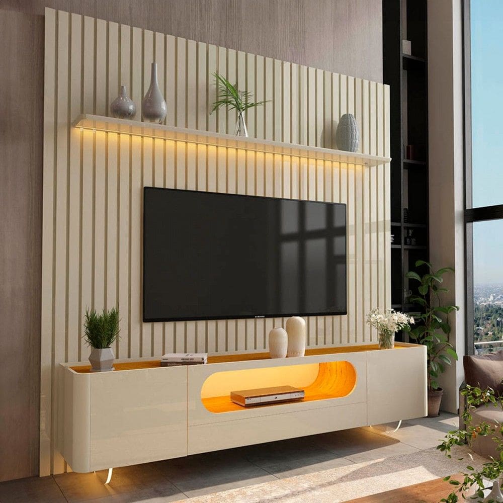 Rack com Painel para TV Até 85 Polegadas Nobre 2 Portas Ripado 100% Mdf com Vidro Off White/Naturalle - Gelius