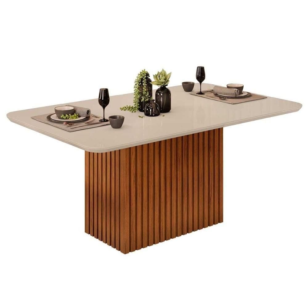 Mesa De Sala Jantar Canes Com tampo Vidro Curvo 170x90cm Freijó-off White Dj Móveis