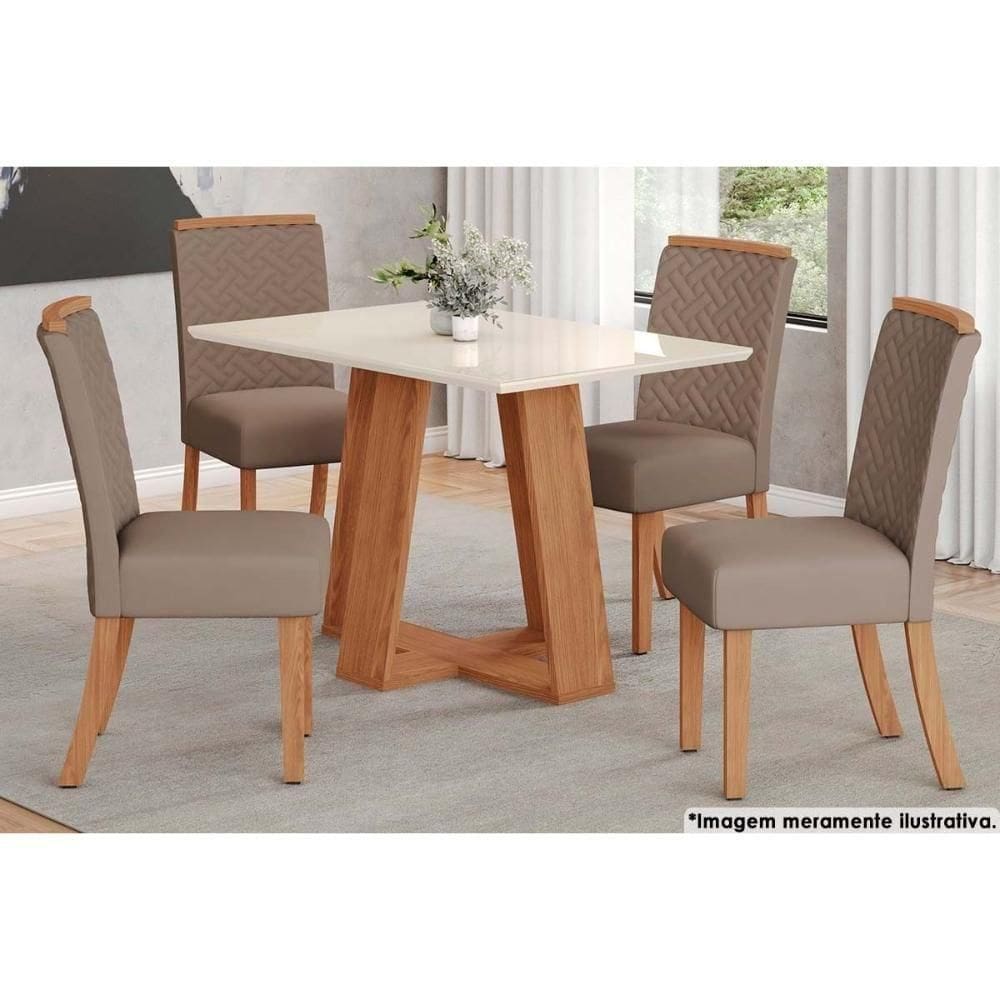 Sala De Jantar Lins Tampo Madeirado comvidro 120x80cm E 4 Cadeiras Malu Nature marrom Amêndoa