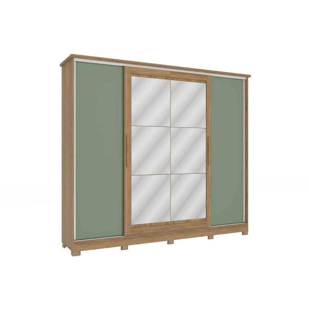 Guarda Roupa Casal 4 Portas De Correr C- Espelho E Pés Cb01n565 Nogueira-macadamia-verde Oliva