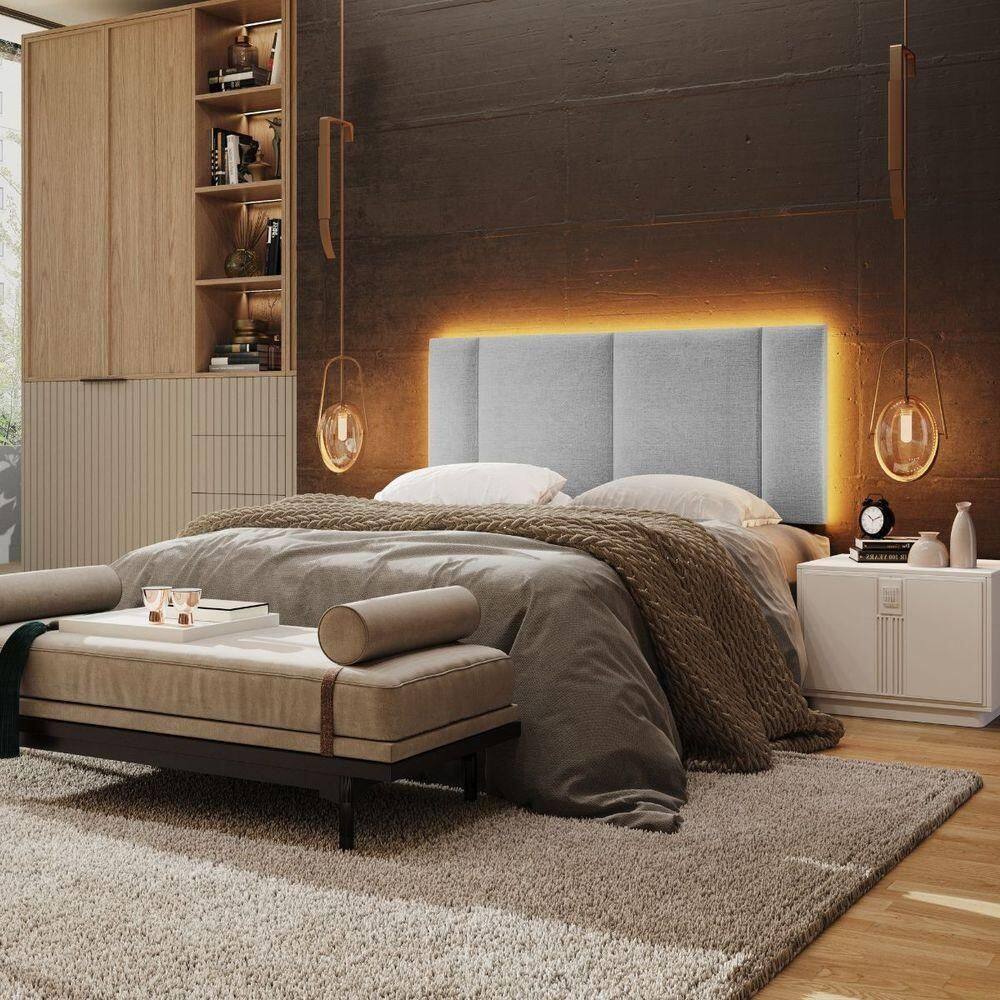 Cabeceira Estofada Cama Box Casal Com Led Splend 140 Cm Linho Cinza