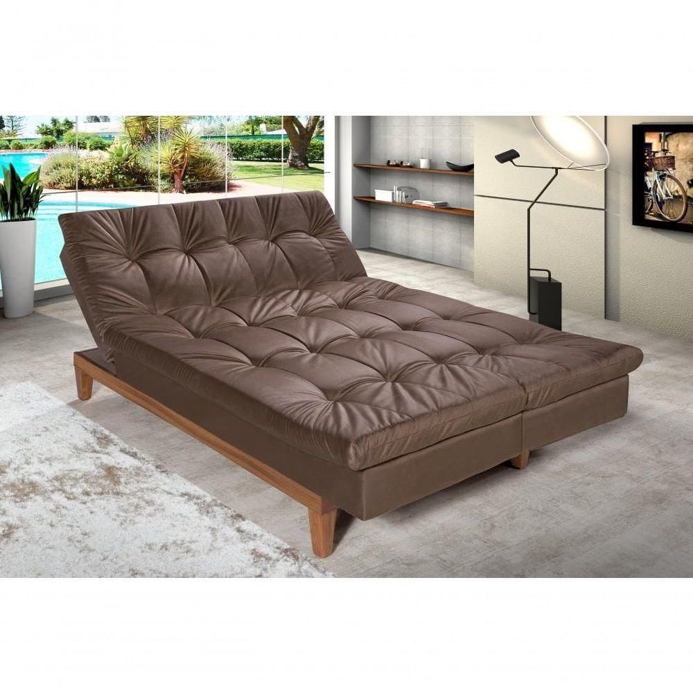 Sofá Cama Versátil 3 Lugares Império Reclinável Casal Pés Madeira Espuma Especial D33 Suede Marrom 379