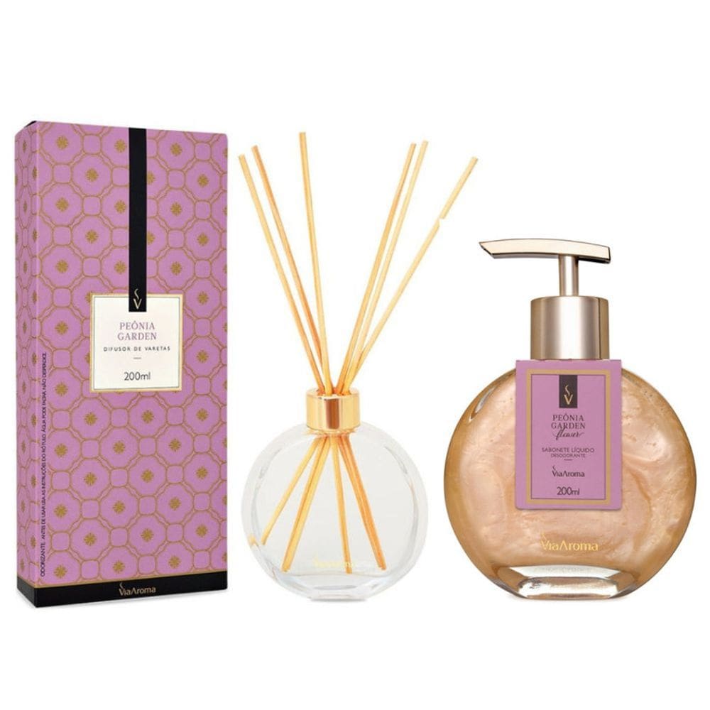 Kit Peonia Garden Via Aroma (1 difusor de varetas e 1 sabonete liquido )
