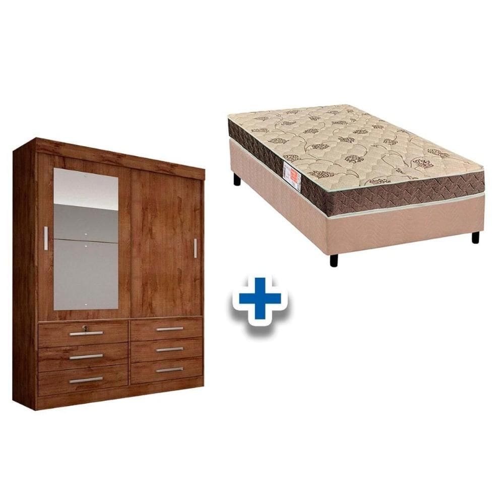 Cama Box Solteiro + Colchão D33 Orthoflex + Guarda Roupa Sonare Canela