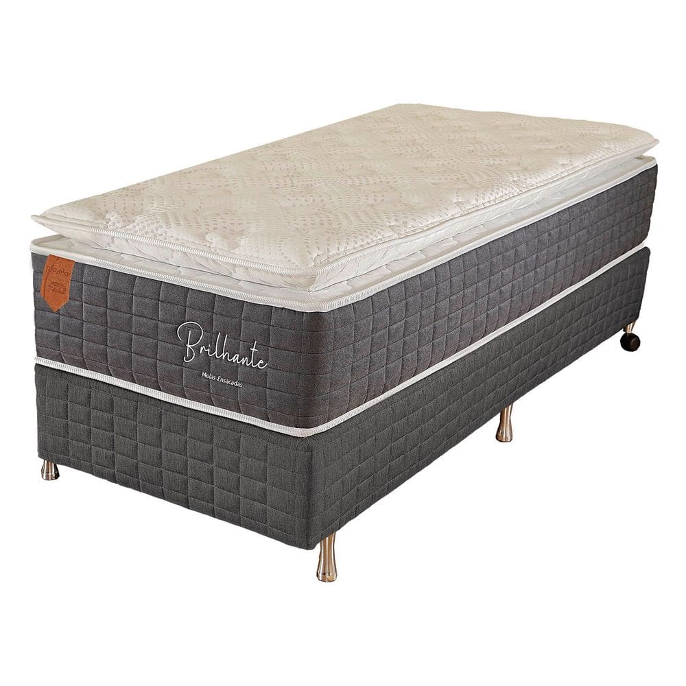 Cama Box Solteiro (box + Colchão) 88x188x67 Brilhante Prorelax Molas Ensacadas Pillow Top - Cinza