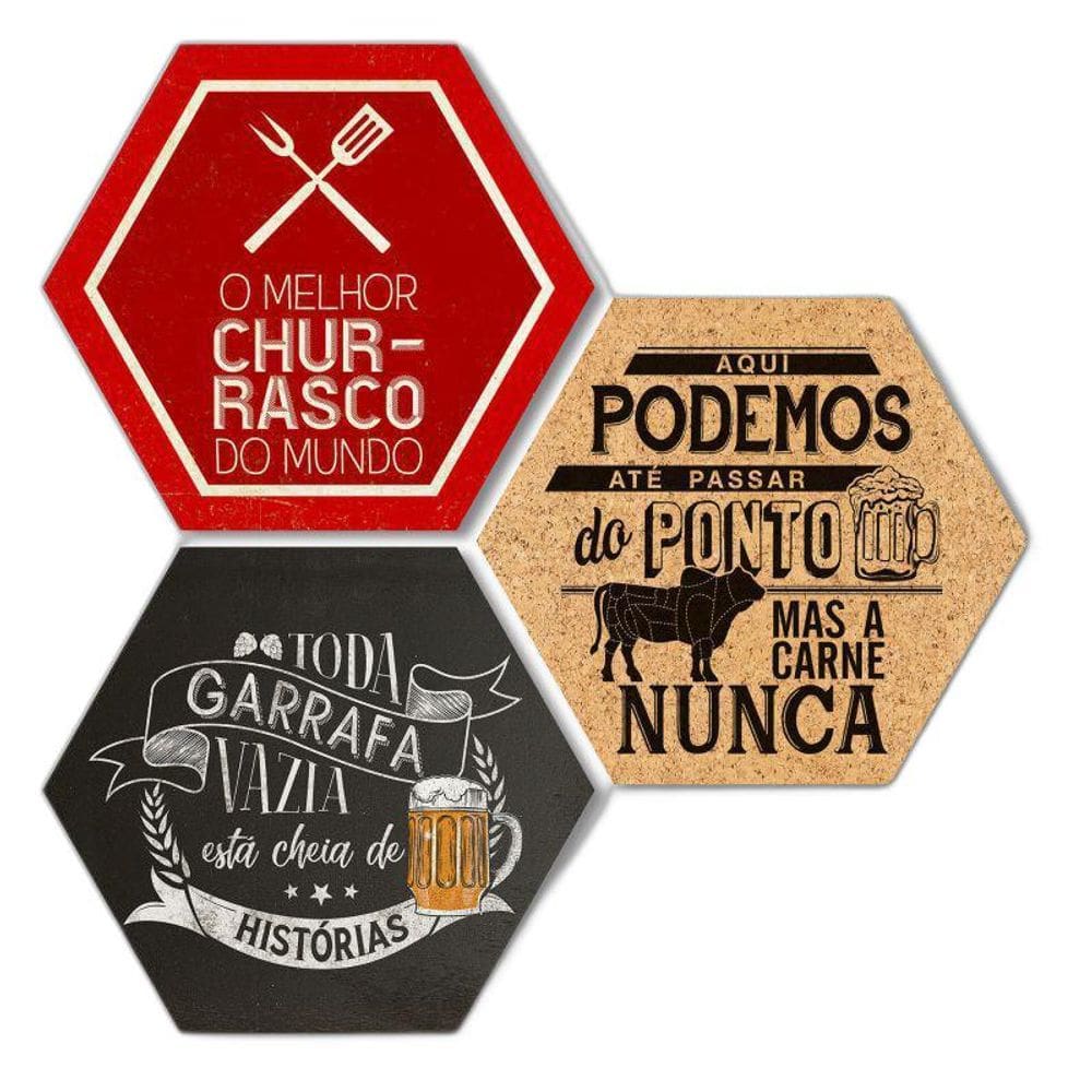 Kit Com 3 Placas Em Mdf - Churrasco - Cerveja 25X22Cm