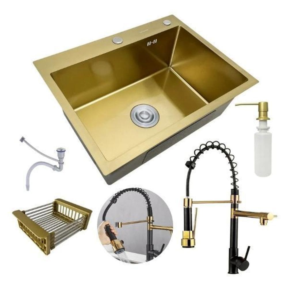 Kit Cuba Pia Aço Inox Cozinha E Torneira Flexivel Dourada
