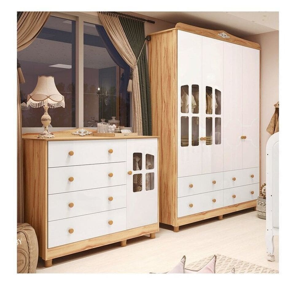 Quarto Infantil com Guarda-roupas e Cômoda com Janelas 100% Mdf Maya Clássico Espresso Móveis Branco Brilho/Amêndoa